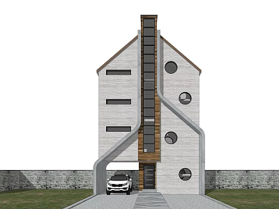 Detached Villa Modern Unique Architecture With Circular Windows Vertical Structure Driveway White Car Lawn 3d model