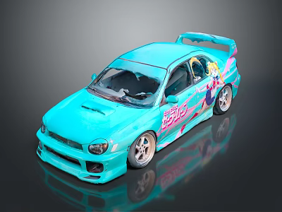 Anime Girl Character on Turquoise Car Model with Racing Design and Graphics 3d model