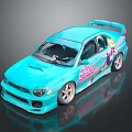 Anime Girl Character on Turquoise Car Model with Racing Design and Graphics