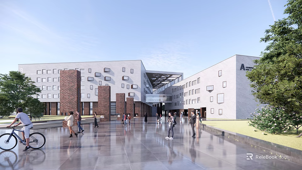Modern Style School Building with Red Brick White Wall Large Windows and Students in Plaza 3d model 