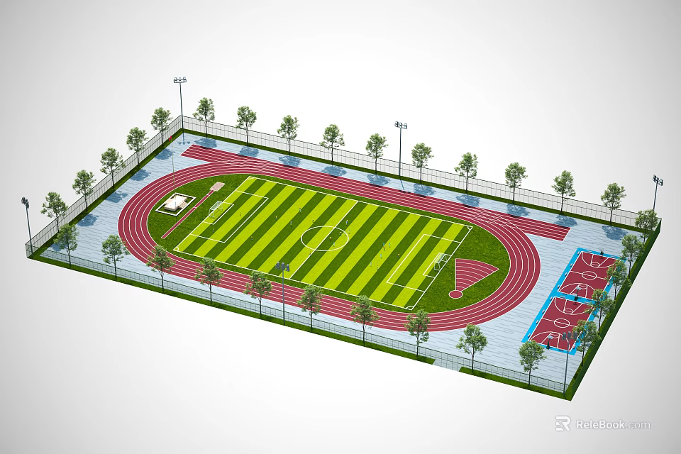 Green Turf Football Field With Red Running Track Trees Light Poles And Surrounding Fence 3d model 
