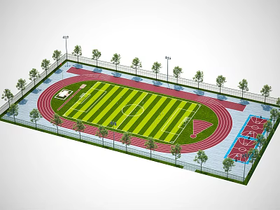 Green Turf Football Field With Red Running Track Trees Light Poles And Surrounding Fence 3d model