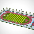 Green Turf Football Field With Red Running Track Trees Light Poles And Surrounding Fence