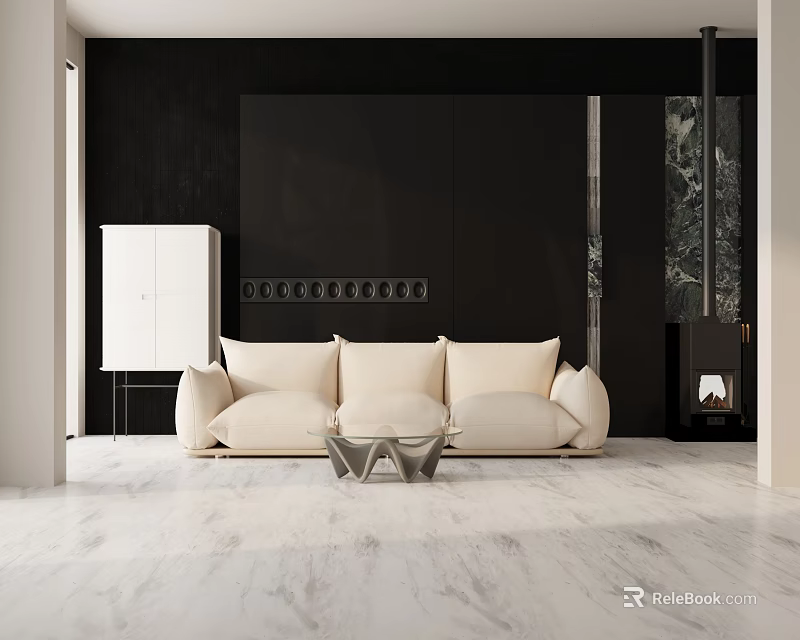 Modern Beige Three-Seater Sofa In Living Room With Black Wall And Coffee Table 3d model 