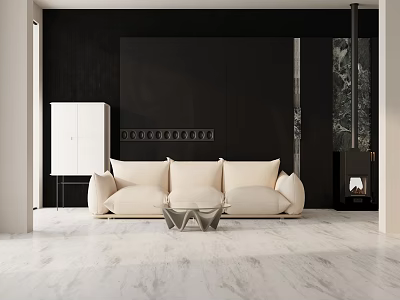Modern Beige Three-Seater Sofa In Living Room With Black Wall And Coffee Table 3d model