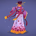 Elegant Fantasy Female Character In Purple Pink Traditional Outfit With Floating Petals And Ribbons