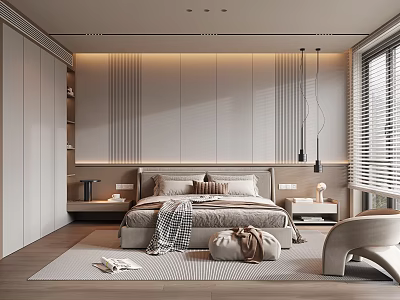 Modern Bedroom Interior Design With Striped Headboard Wall Pendant Lights Area Rug And Window Blinds 3d model