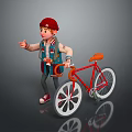 Cheerful Character With Red Cap Standing By Red Bicycle With Orange Seat And White Wheels