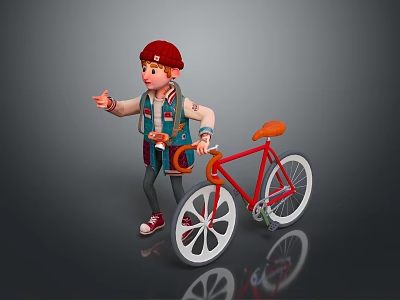 Cheerful Character With Red Cap Standing By Red Bicycle With Orange Seat And White Wheels 3d model