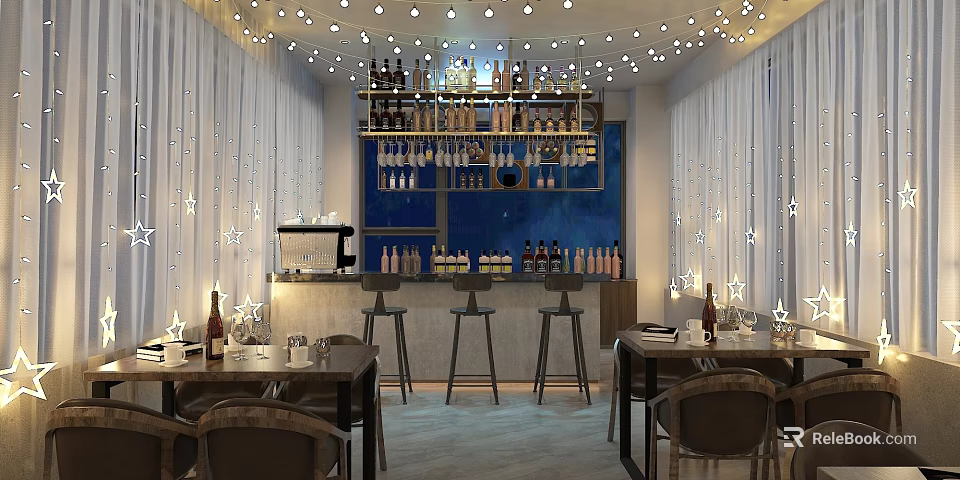 Cozy Bar Interior Design With Bar Counter Stools Wine Racks String Lights And Tables 3d model 