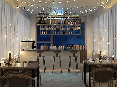 Cozy Bar Interior Design With Bar Counter Stools Wine Racks String Lights And Tables 3d model