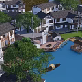 Traditional Water Town Landscape with White Walled Black Roofed Buildings Small Boat Pavilion And Trees