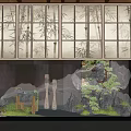 Tranquil Indoor Landscape Interior With Bamboo Rockery Green Plants And Soft Lighting