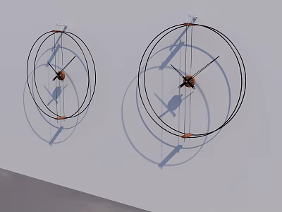 Modern Circular Wall Hangings with Black Metal Frames Clock Design and Shadows on White Wall 3d model