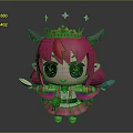 Cute Cartoon Demon Character with Pink Hair Horns Crown Stars Big Eyes and Feather