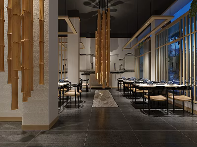 Modern Japanese Restaurant With Hanging Bamboo Decorations Dining Tables And Floor To Ceiling Windows 3d model