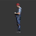 Worker In Blue Overalls Gray T-shirt Red Cap Knee Pads Standing Against Gray Background