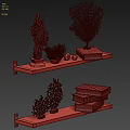 Modern Decorative Ornament Set with Coral Figures and Books on Floating Shelf