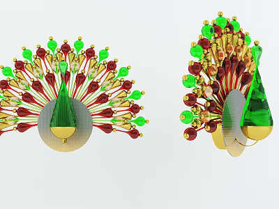 Peacock Shaped Wall Decor With Red Green Beads Golden Accents And Mirror Design 3d model