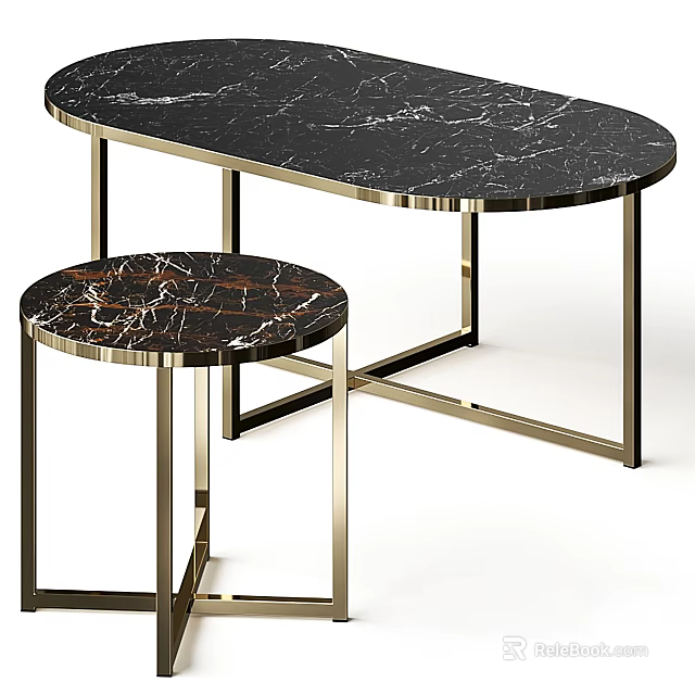 Modern Elegant Oval And Round Coffee Tables With Marble Top And Gold Metal Frame 3d model 