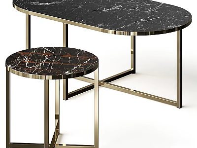 Modern Elegant Oval And Round Coffee Tables With Marble Top And Gold Metal Frame 3d model