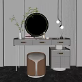 Modern White Vanity Table with Round Mirror Table Lamps Drawers Upholstered Stool and Potted Plant