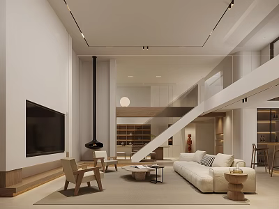 Modern Living Room Interior Design With Open Staircase Large TV White Sofa And Wooden Chairs 3d model