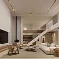 Modern Living Room Interior Design With Open Staircase Large TV White Sofa And Wooden Chairs