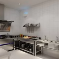 Commercial Kitchen Setup With Stainless Steel Stove Range Hood And Storage Racks