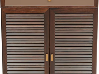 Elegant Wooden Shoe Cabinet With Louvered Double Doors Top Drawer And Golden Handles 3d model
