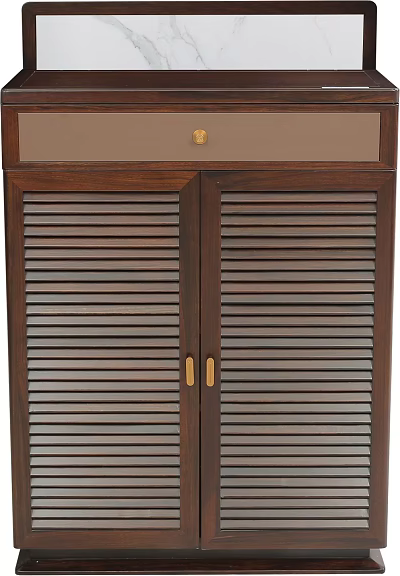 Elegant Wooden Shoe Cabinet With Louvered Double Doors Top Drawer And Golden Handles 3d model