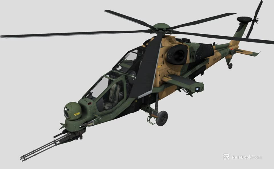 Military Combat Helicopter Featuring Camouflage Design Front Machine Gun And Rotors 3d model 
