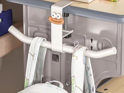 Office Chair With Gray Backrest Cartoon Duck Hook Hanging White Towels And Wooden Desk 3d model