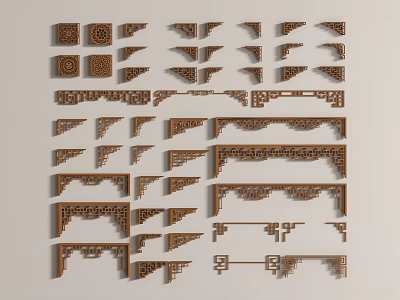 Ornate Traditional Wooden Carvings With Intricate Patterns And Various Decorative Shapes 3d model