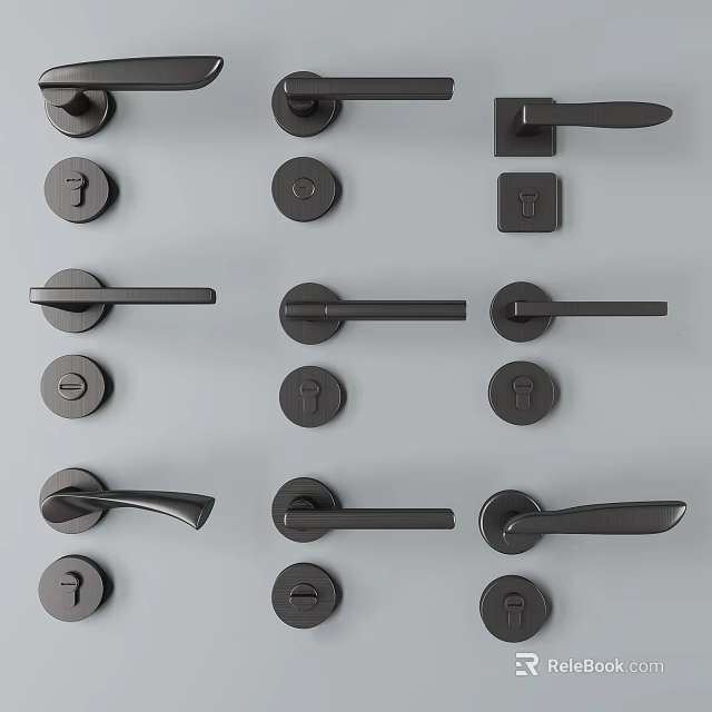 Various Black Metal Door Handles With Different Modern Styles For Home 3d model 