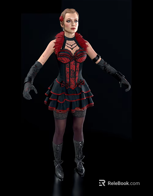 Woman In Red And Black Corset Dress With Ruffled Skirt And Long Gloves 3d model 