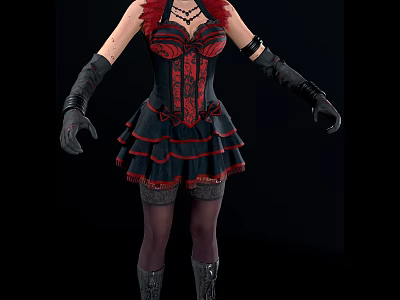 Woman In Red And Black Corset Dress With Ruffled Skirt And Long Gloves 3d model