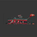 Cartoon Gas Station With Red Building Blue Roof Gas Pumps Street Lamp And Tires