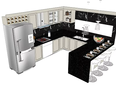 Modern Kitchen Interior Design With Cabinets Marble Island And Stainless Steel Refrigerator 3d model
