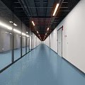 Modern Office Corridor With Blue Flooring Glass Walls White Doors Red Ceiling And Lighting Strips