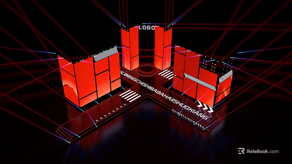 Red LED Screen Stage Design With Laser Beams Steps And Logo 3d model