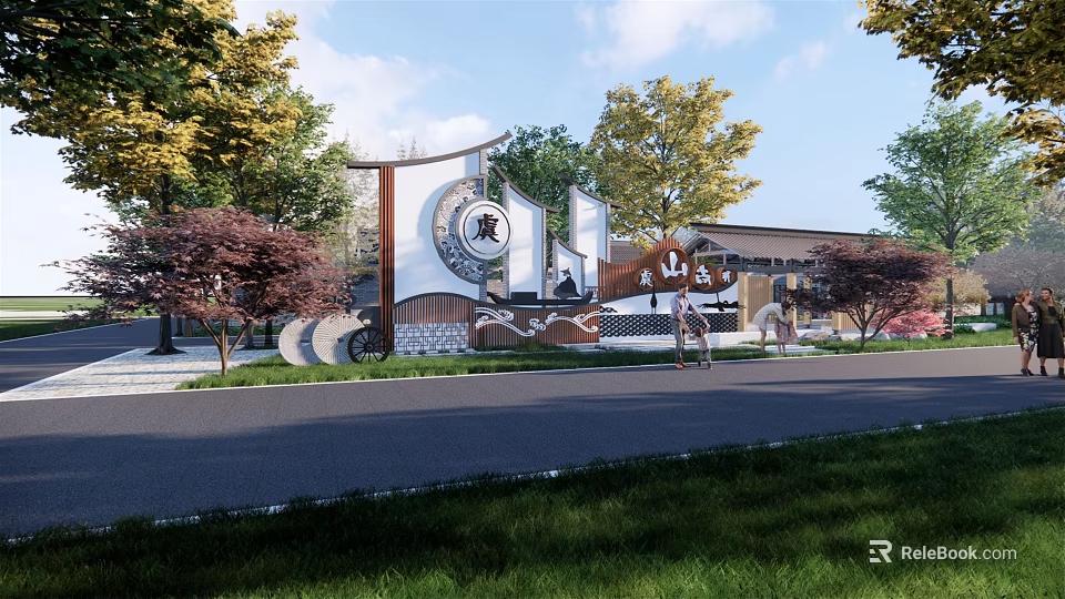 Traditional Chinese Garden Wall With Circular Decorative Elements And Surrounding Greenery 3d model