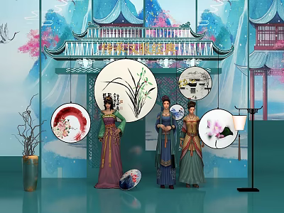 Ancient Chinese Traditional Scene With Hanfu Women Pavilion Round Paintings And Vase 3d model