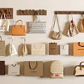 Various Style Bags As Daily Necessities Hanging On Wall And Placed On Shelves