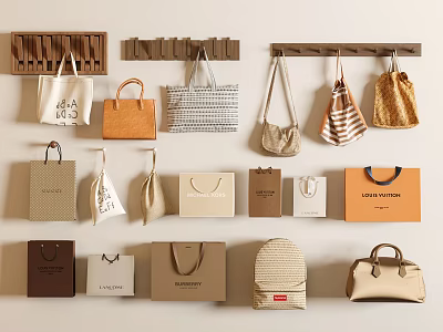 Various Style Bags As Daily Necessities Hanging On Wall And Placed On Shelves 3d model