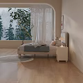 Double Bed with White Headboard Nightstand Table Lamp Decorative Painting Curtains and Wooden Floor Rug