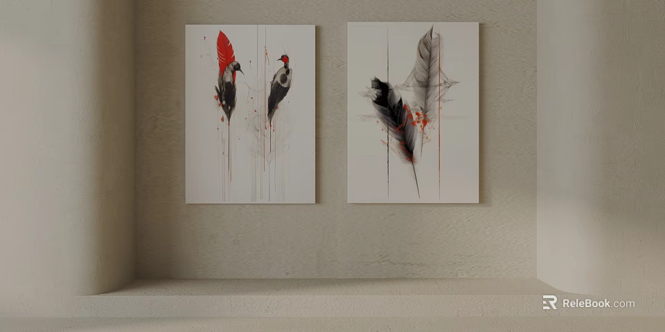 Modern Abstract Decorative Artwork With Feathers And Birds On Beige Wall 3d model 