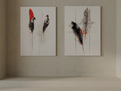Modern Abstract Decorative Artwork With Feathers And Birds On Beige Wall 3d model