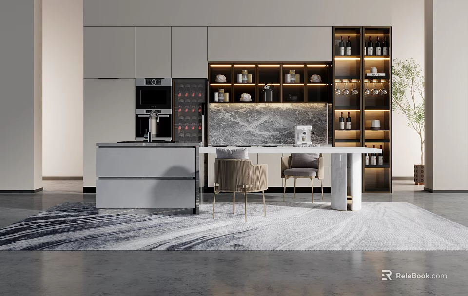 Elegant Modern Open Kitchen Interior With Marble Island And Cabinets 3d model