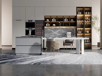 Elegant Modern Open Kitchen Interior With Marble Island And Cabinets 3d model